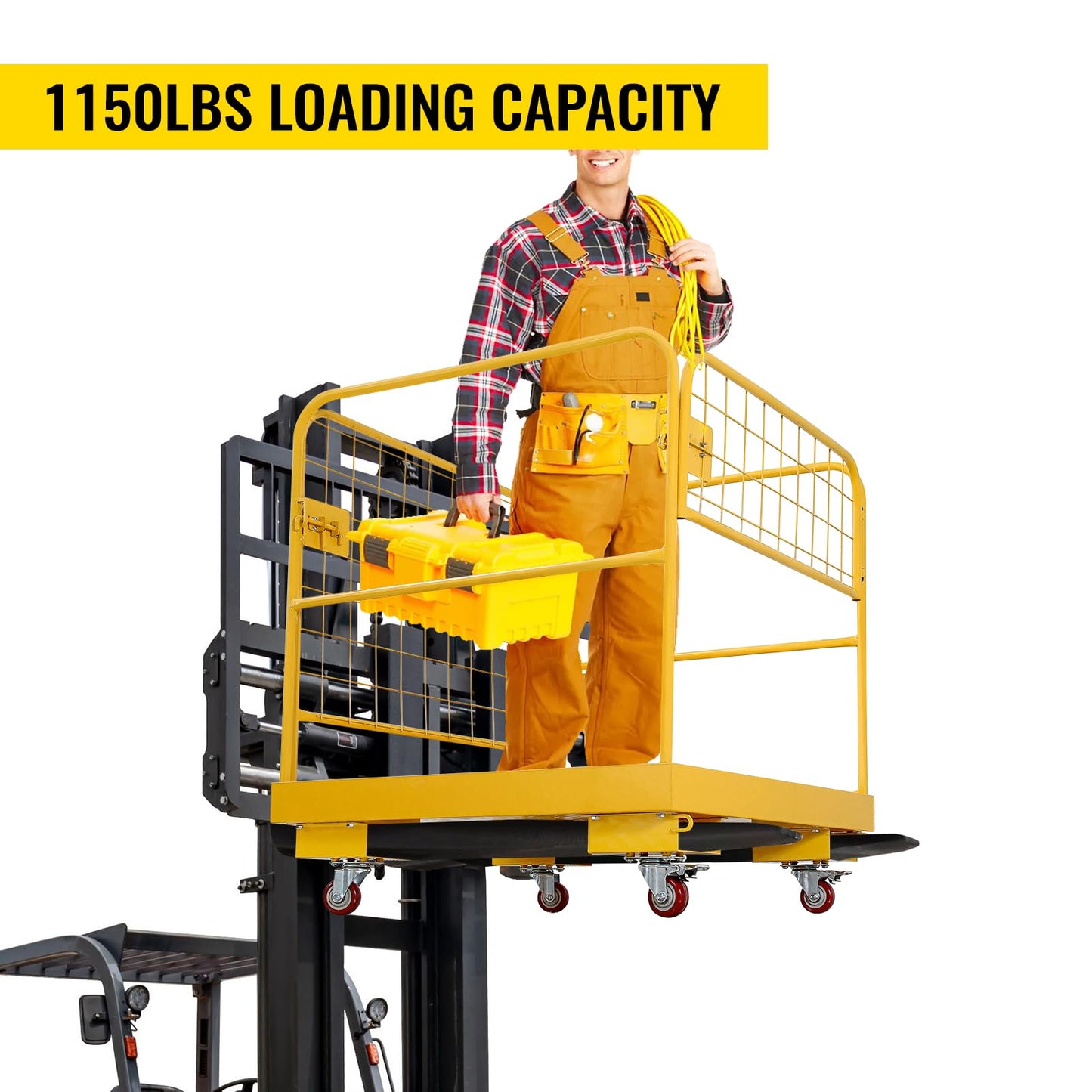 KODOM Forklift Safety Cage 36''x36'' Heavy Duty Steel Forklift Work Platform 1150LBS Capacity with 4 Universal Wheels Collapsible Lift Basket Aerial Rails Aerial Platform, Yellow