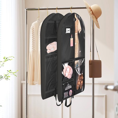 Univivi Dance Costume Garment Bag, 40" Waterproof Hanging Bag for Travel, Kids Clothes Bag With 5 Clear Pockets and Handles for Costumes and Sports, Black