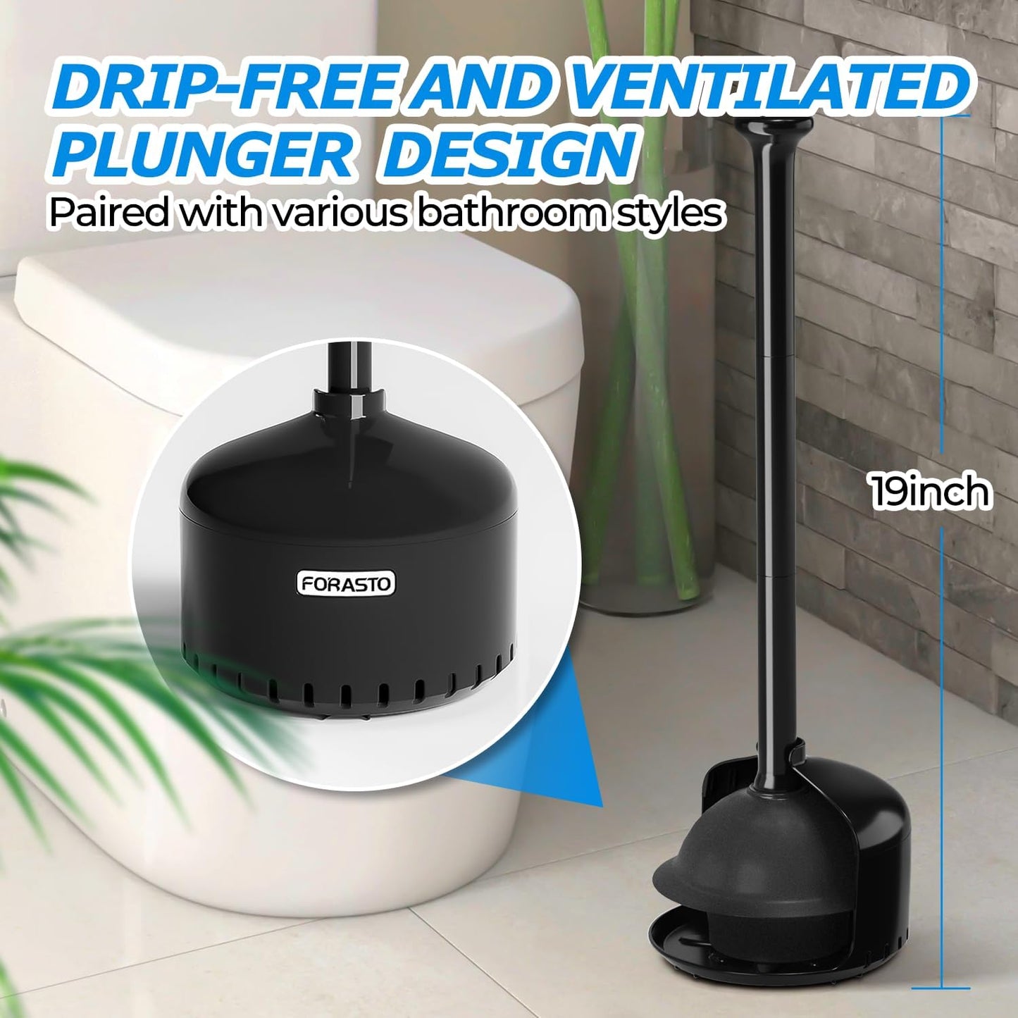 FORASTO Toilet Plunger with Holder,Plungers for Bathroom with Holder,Heavy Duty Plunger with Cover,Bathroom Decor，Bathroom Accessories，Toilet Bowl Cleaners,Black