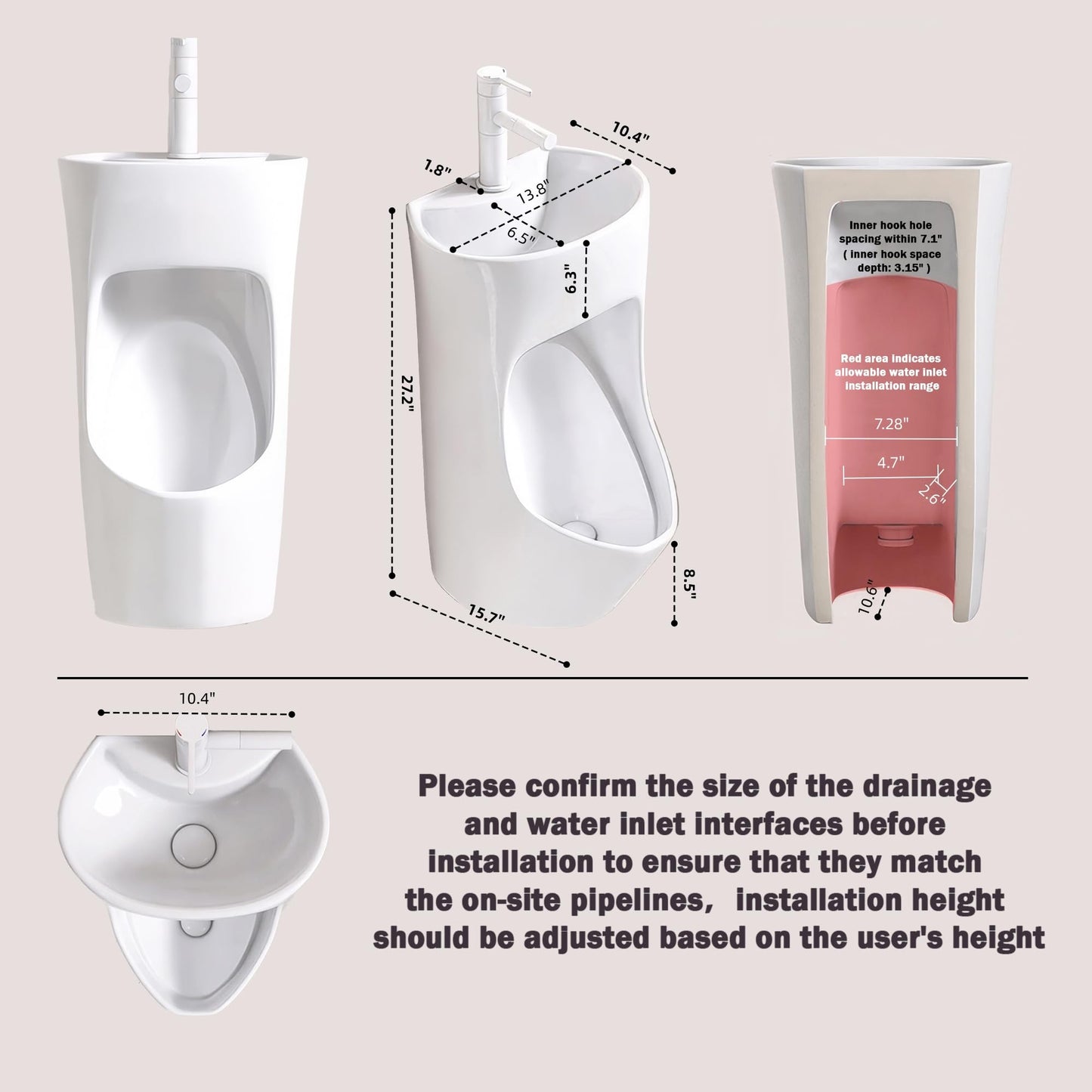 Runspich Modern Wall-Mounted Ceramic Urinal for Men with Built-in Sink, 2-in-1 Space Saving Design for Small Bathrooms & Restrooms, (White, Turn on the Tap to Flush)
