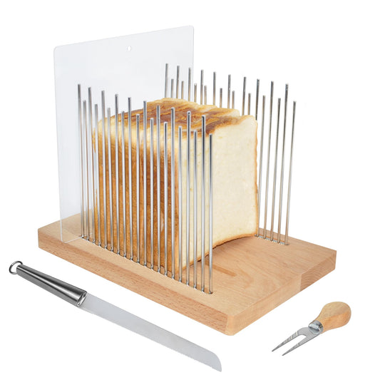 Bread Slicer for Homemade Bread - Bamboo Bread Slicer with Bread Knife, Foldable Cutting Guide, Crumb Tray, Bagels - Bread Cutter Ideal for Loaf Size: 5.5” x 5”