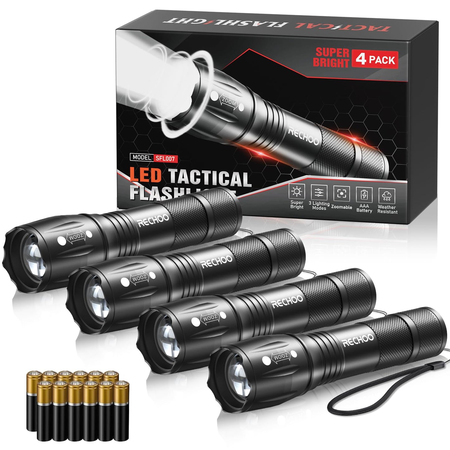 RECHOO LED Flashlight 2 Pack, Tactical Flashlights High Lumens with 3 Modes, Pocket Small Flash Light, Waterproof Zoomable Flashlights for Home Emergency, Camping Essentials (Battery Included)