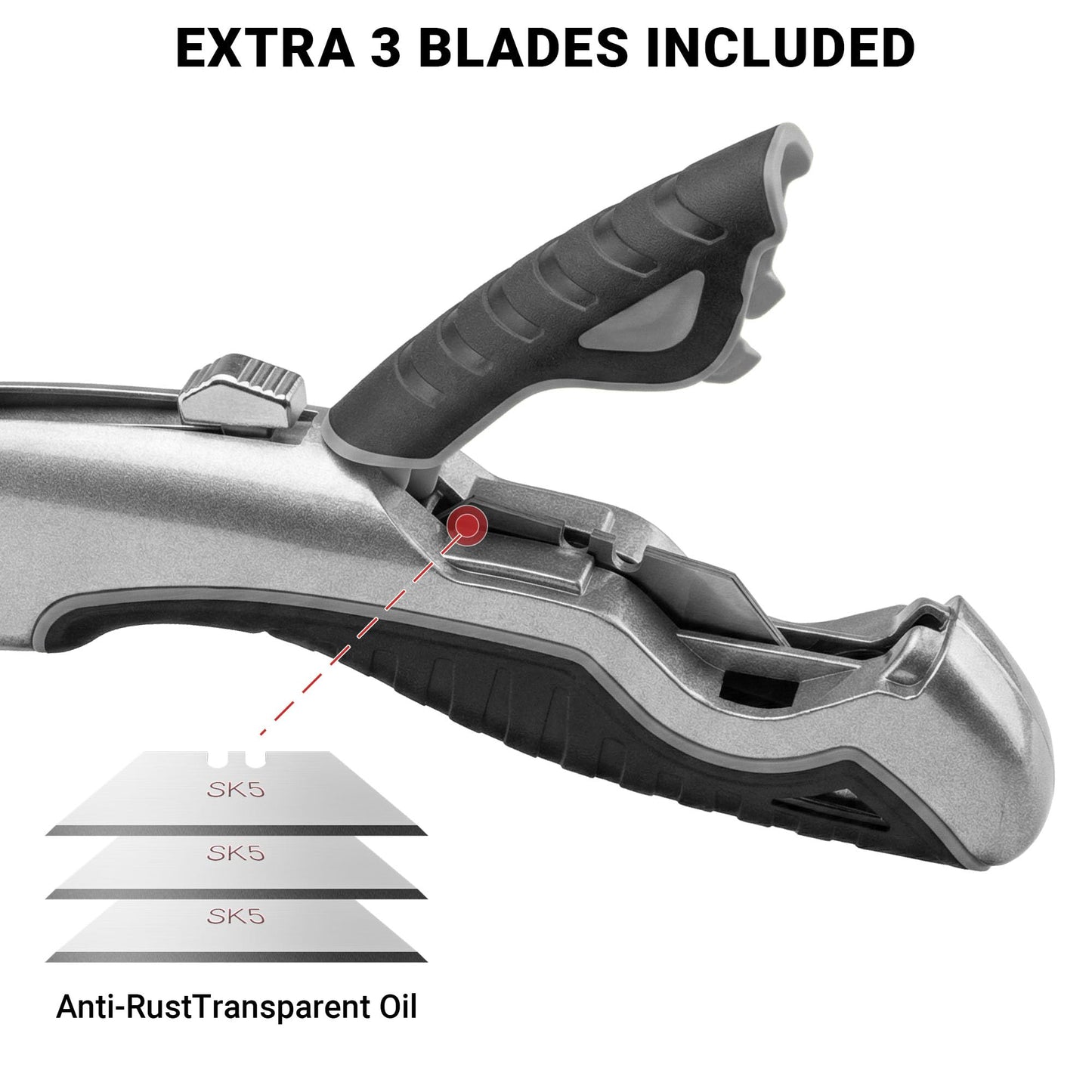 Box Cutter Retractable with Built-In Blade Storage & Wire Stripper, Heavy-Duty Utility Knife safety, Metal Alloy Body, Ergonomic Non-Slip Rubber Grip, Quick Change Blade Razor Knife (Matte Gray)
