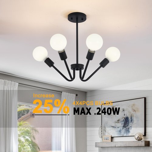Black Chandelier 4 Light Semi Flush Mount Ceiling Light Black Dining Room Chandelier Kitchen Lighting Fixtures Ceiling Farmhouse Sputnik Light Fixtures Ceiling Mount for Bedroom Hallway E26 Socket