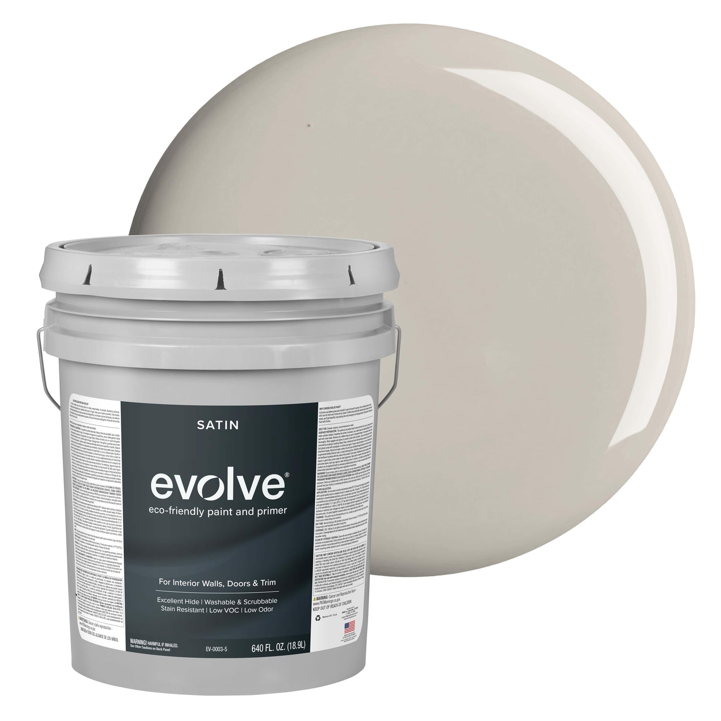 EVOLVE Interior Paint & Primer, Satin (Refined Pewter), 5 Gallon – Available in 50+ Colors, One-Coat Coverage, Excellent Hide, Low VOC, Low Odor, Washable Interior Paint