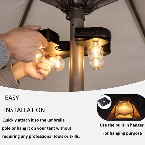 Battery Operated Patio LED Umbrella Light with G40 Bulbs, 3 Brightness Cordless Umbrella Pole Lights for Backyard, Camping Tents, BBQ or Indoor Use