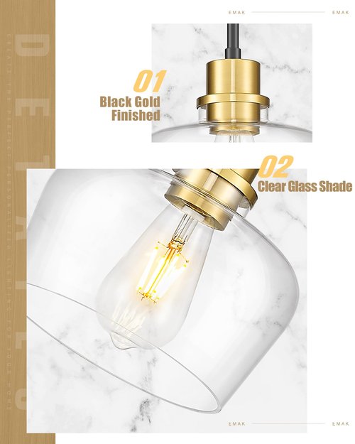 Emak 8 Inch Modern Pendant Lights Kitchen Island, Farmhouse Black and Gold Pendant Light Fixtures with Clear Glass Shade for Kitchen, Bedroom, Dining Room, PL122-BKBGD-CG