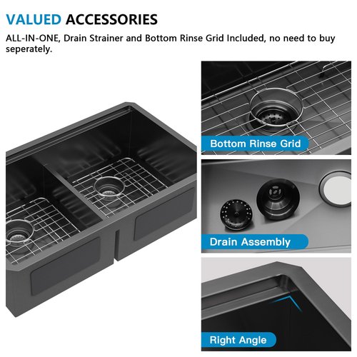 Fulorni 36"x19" Undermount Double Bowl Kitchen Sink Workstation - Gunmetal Black NANO-PVD, 16 Gauge 304 Stainless Steel, Under Counter Low Divide 50/50 Split Basin for Kitchen