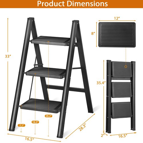 ZENY 3 Step Ladder, Folding Step Stool with Wide Anti-Slip Pedal, Portable Sturdy Steel Ladder for Adults, Lightweight