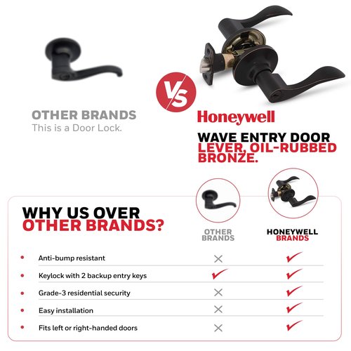 Honeywell Safes & Door Locks - Interior & Exterior Wave Lever Door Handle with Keys - Door Lever for Bedroom - Anti-Bump Resistant - Reversible for Right & Left Sided Doors, Oil Rubbed Bronze, 8106401