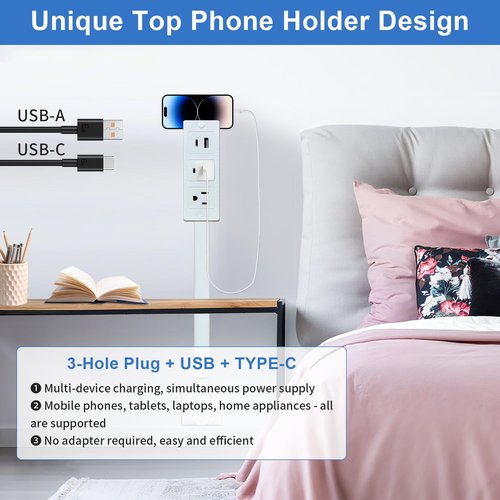 Electrical Outlet Extender with Extendable Stick, Access Hard-to-Reach Outlets! Features USB-A, USB-C, and 2 AC Outlets, 180° Rotating Power Socket Extender - Use Behind Couches, Nightstands, Desks