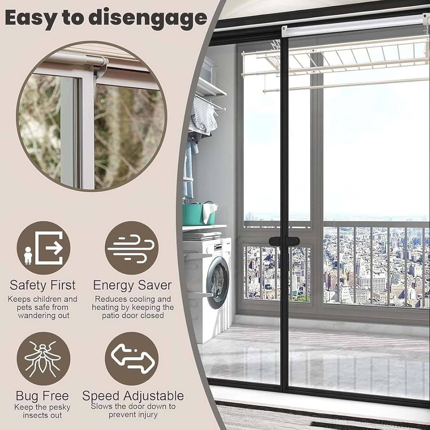 Self Closing Patio Door Closer, Sliding Door Quiet Automatic Closer, Adjustable Closing Cushion Speed, for Door Widths from 29.5 to 51", for Balconies, Kitchen