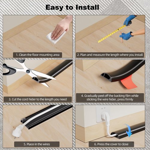 Kneelisa 6FT Side-Open Extension Cord Covers for Wires on Floor,Silicone Power Cable Protector Cord Hider Management Strip,Hide Electric Wire on Carpet,Chord Runner Protective Safety Wiremold,Black