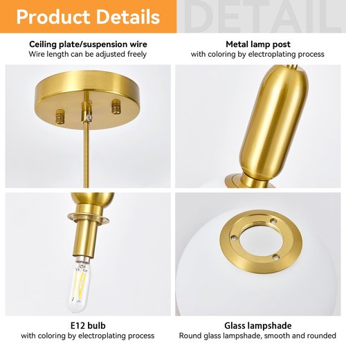 ZVXREZLD Modern Gold Pendant Light Hanging Fixture Light for Kitchen Island,Mid Century White Globe Glass One Light Pendant Lighting for Dinning Room Living Room Bedroom Entryway(3-Pack)
