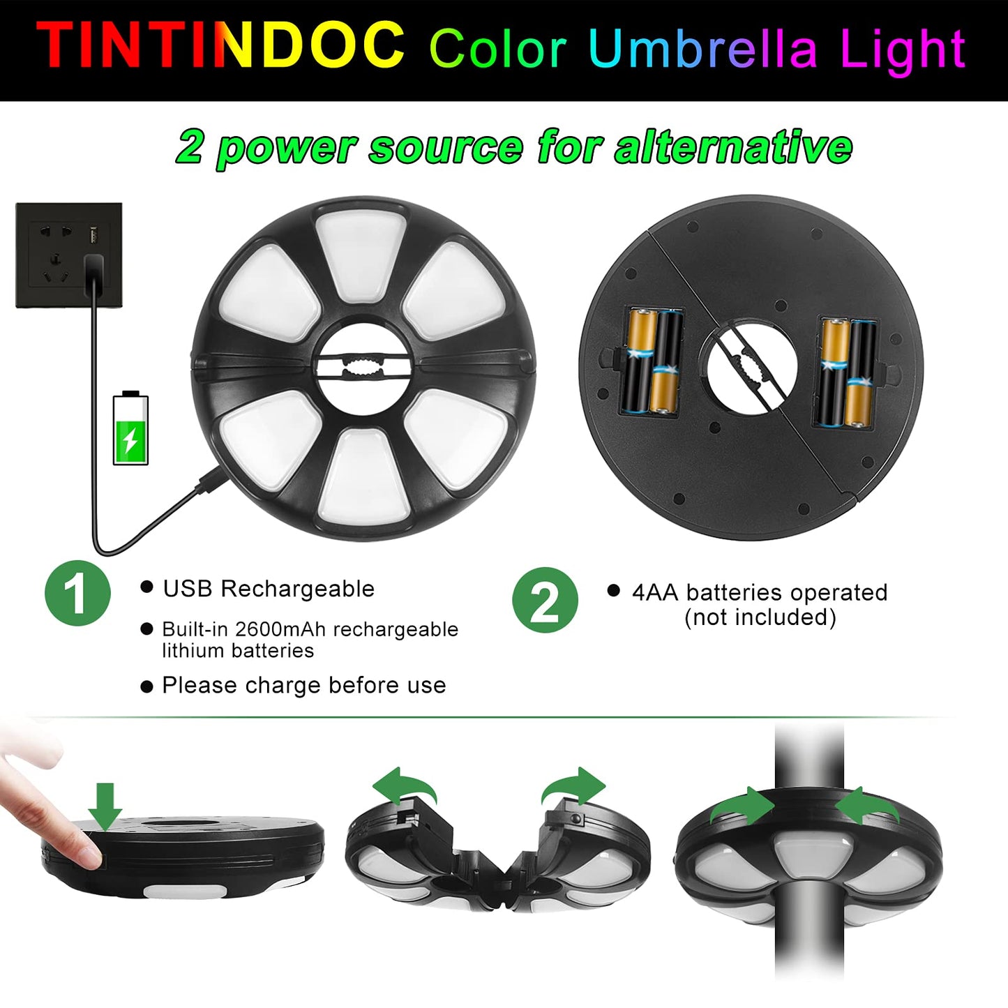 TINTINDOC Color Umbrella Light with Remote Outdoor/Patio Umbrella Light Rechargeable/AA Battery Umbrella Pole Light 300Lumen/Stepless Dimming Umbrella Light for Patio Table