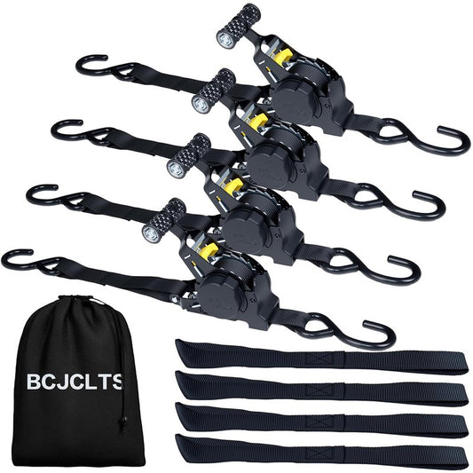 BCJCLTS Retractable Ratchet Straps,1" x 10' Heavy Duty Ratchet Straps Self Retractable Tie Down Straps with Soft Loops for Motorcycle, Truck,Trailer(4-Pack)