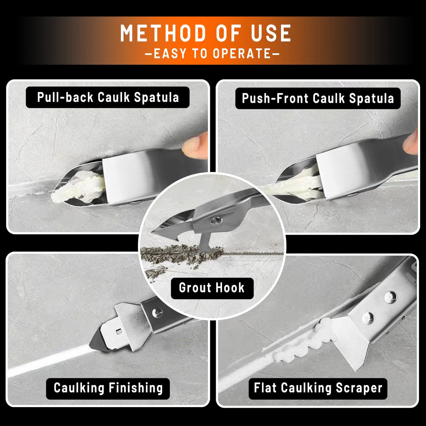 Caulking Tool Kit Stainless Steel Grout Removal Tool,4 in 1 Tile Caulk Remover Tool,Silicone Scraper Caulk Finishing Tools for Kitchen Bathroom Floor Sealant Caulking Window Sink Joint