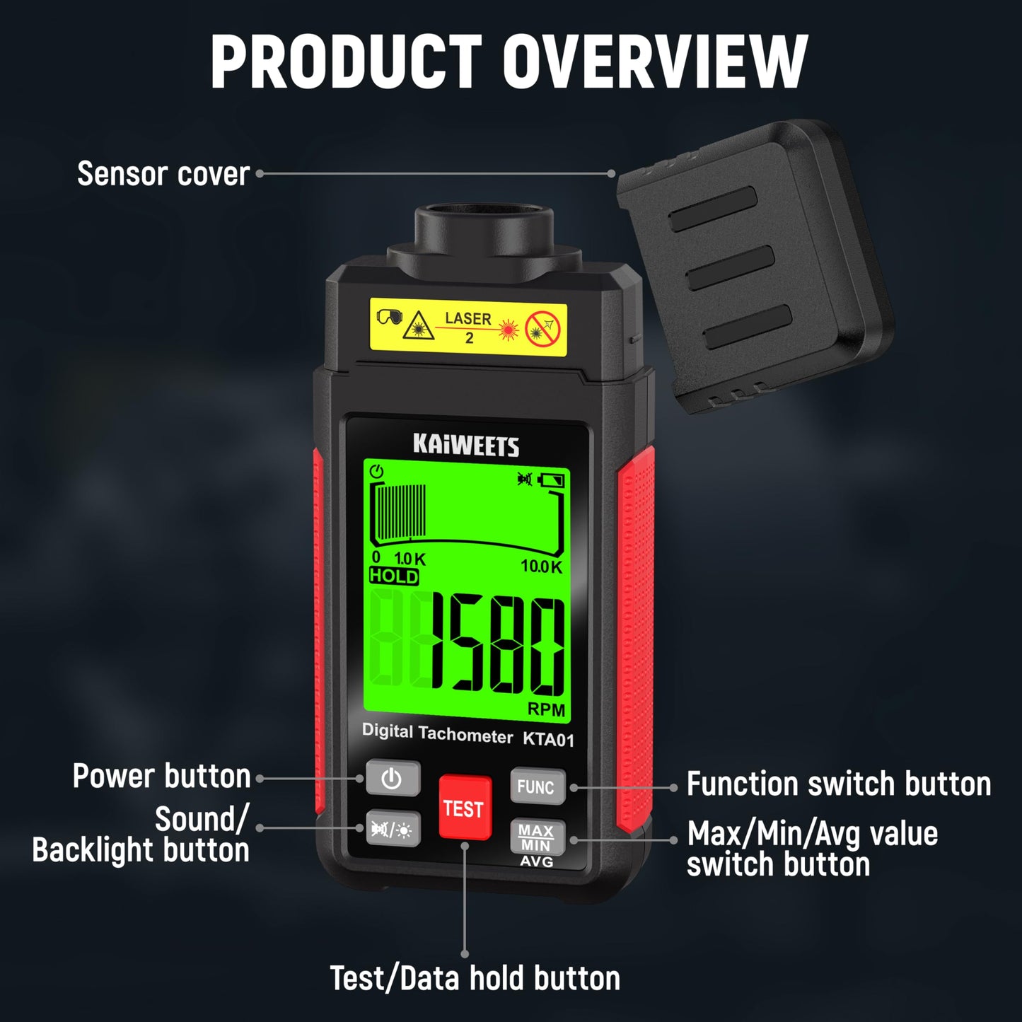 KAIWEETS Non Contact RPM Tachometer with Reflection Tape, 10-99999 RPM High Accuracy Laser Digital Tachometer with Large LCD, RPM Meter with Backlight, Data Hold, and Max/Min/AVG Function