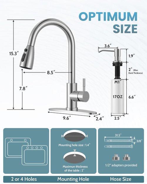 WOWOW Kitchen Faucet with Soap Dispenser: 304 Stainless Steel Kitchen Sink Faucet with Pull Down Sprayer 3 Modes, Single Handle High Arc Mixer Taps for Sink, RV, Laundry, Bar (Brushed Nickel)