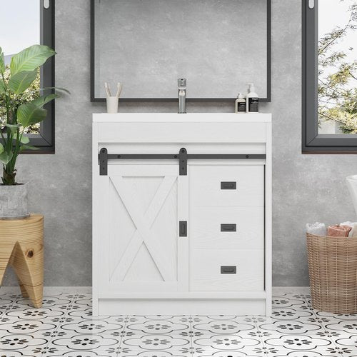 4ever2buy Farmhouse Bathroom Vanity with Sink, Bathroom Vanity Cabinet with 2 Drawers & Sliding Barn Door, White