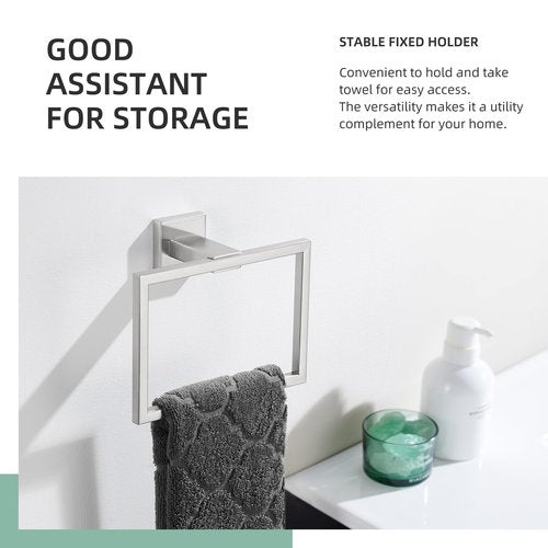 Angle Simple Hand Towel Holder Brushed Nickel, SUS 304 Stainless Steel Square Bathroom Towel Ring Hanger, Wall Mount, 7.09 Inches