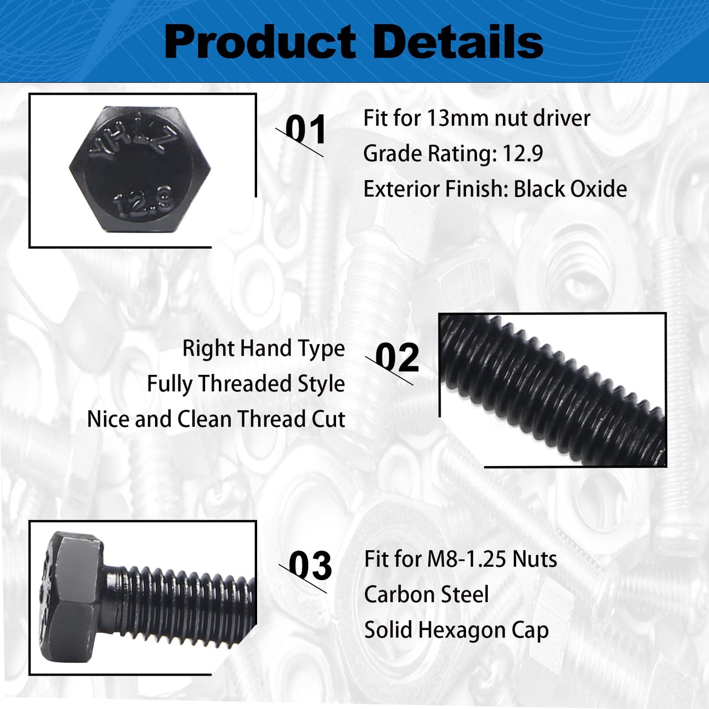 20Pcs M8 Hex Bolts M8x30mm Carbon Steel Grade 12.9 Black Oxide 1.25mm Pitch Fully Threaded Hex Tap Bolts Hexagon Head Screw Machine Bolts Right Hand