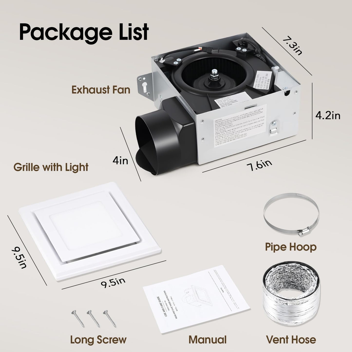 FEITON Bathroom Exhaust Fan with Light (3000K/4000K/5000K), Ceiling Mount, 110 CFM 1.0 Sones, Quiet Square Bath Fan Light Combo(Metal housing, 4 Inch Duct, Ceiling Opening Size: 7.6 x 7.3 Inches)