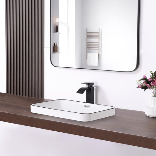 KARAMAG Bathroom Vessel Sink 20.6'' x 14.7'' Semi Recessed Bathroom Sink Rectangular Drop-in Vanity Sink with Overflow White with Black Rim Ceramic Modern Art Basin
