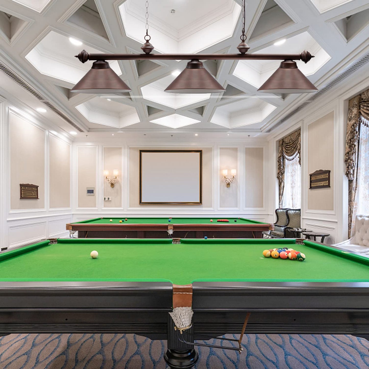GSE Games & Sports Expert Pool Table Light, Hanging Billiard Light for 7ft/8ft Pool Tables with 3 Metal Lamp Shades for Billiards Room (Oil Rubbed Bronze)