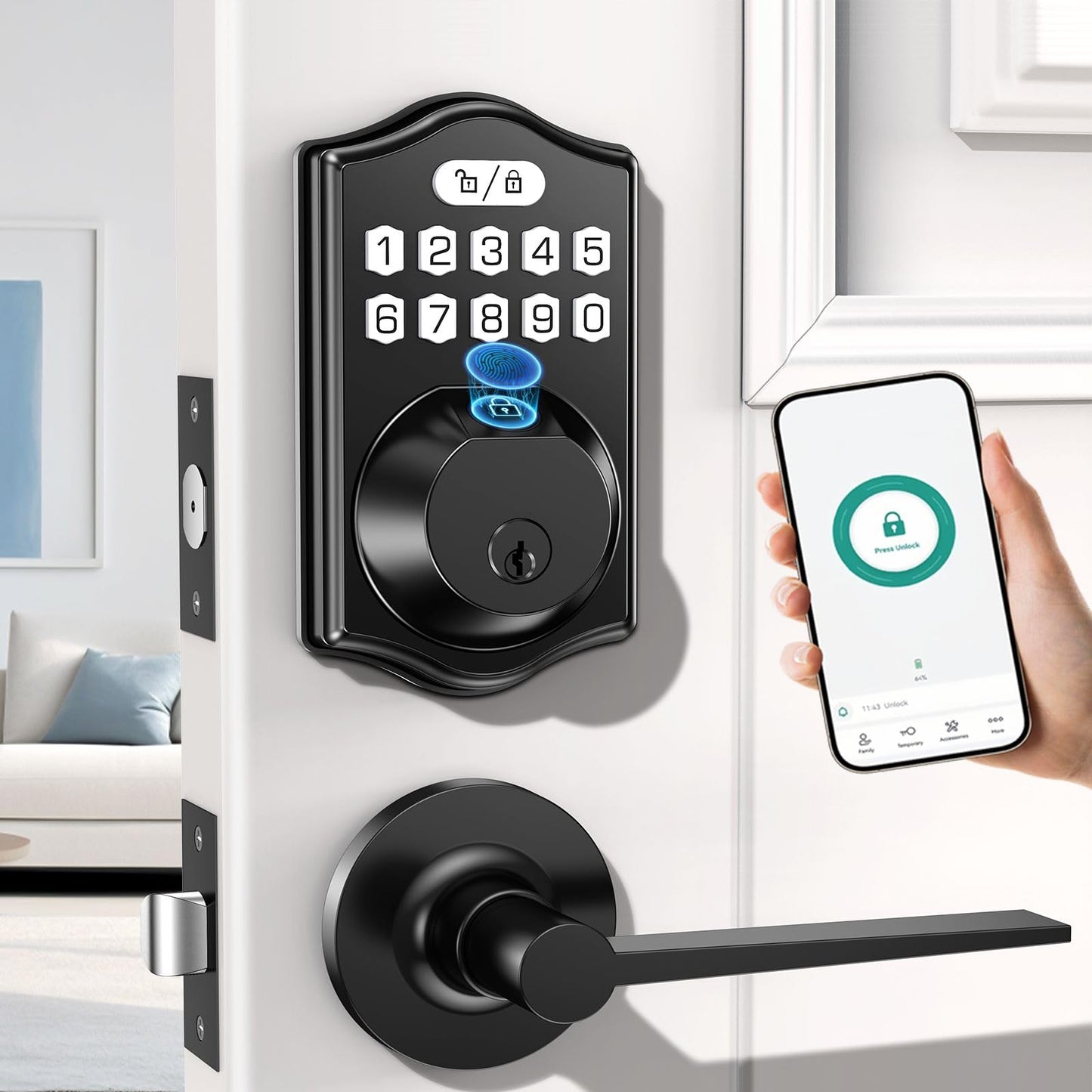 keyless Entry Door Lock deadbolt with Handle Set-Front Fingerprint Smart Locks with 2 Lever Handles-Keypad Code Deadbolt -App Control,Auto Lock