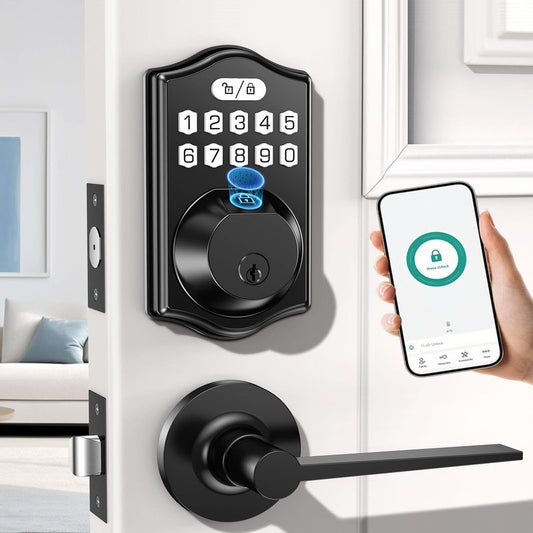 keyless Entry Door Lock deadbolt with Handle Set-Front Fingerprint Smart Locks with 2 Lever Handles-Keypad Code Deadbolt -App Control,Auto Lock