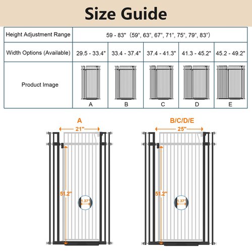 Senneny Extra Tall Cat Gate Height Adjustable from 59”-83”, No Drilling Auto-Close Pet Gate for Stairs and Doorways. Includes Wall Cups, Pressure or Hardware Mount, Black, 75-85cm/ 29.5-33.4" Wide