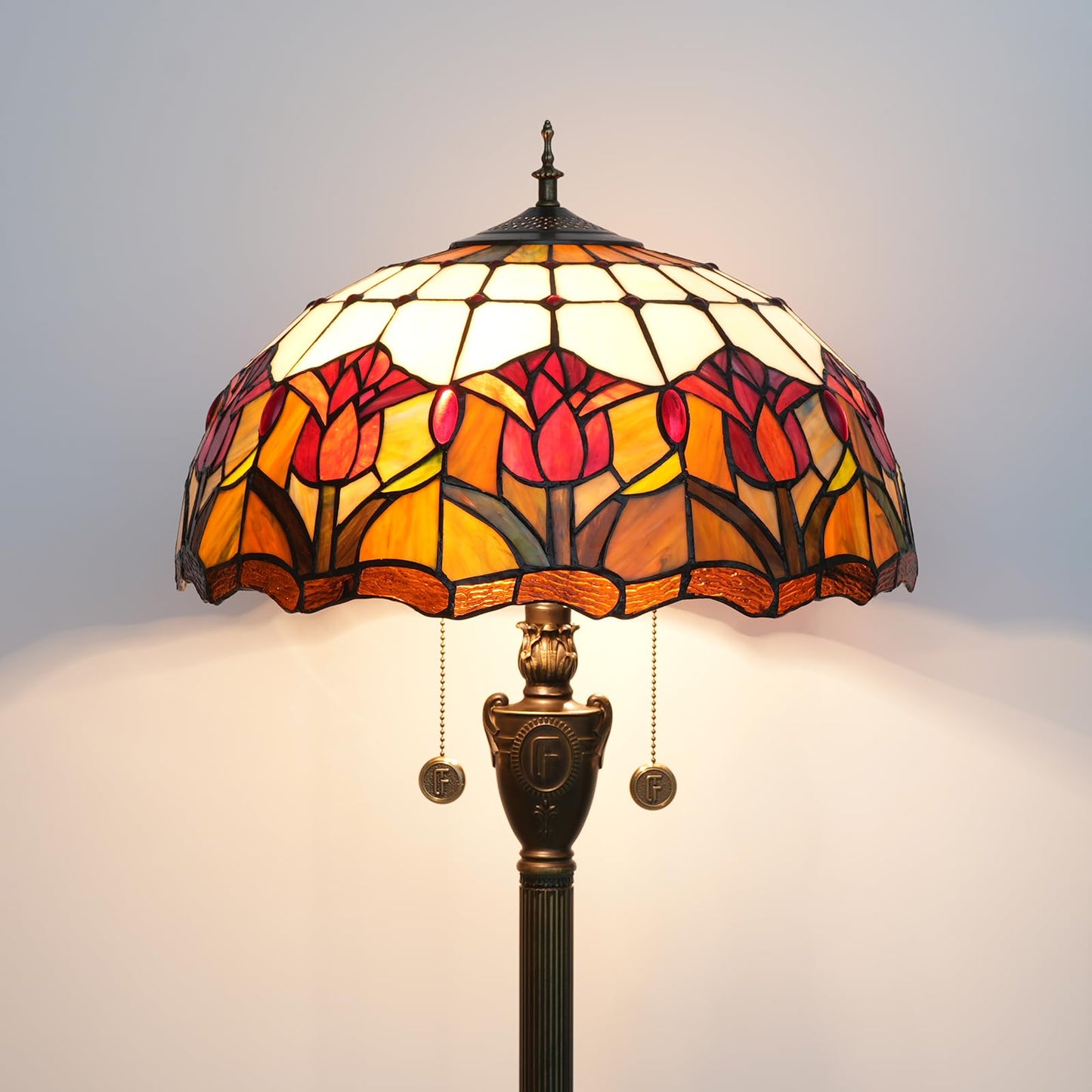 Blivuself Tiffany Floor Lamp Red Tulip Style Stained Glass Standing Reading Light 16X16X64 Inches Antique Unique Pole Corner Tall Decor Lamp for Bedroom Living Room Home Office