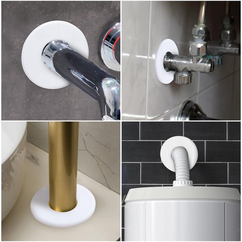 4 Pcs Faucet Escutcheons, Self-Adhesive ABS Round Wall Split Flange Plumbing Cover Plates for Kitchen Bathroom Toilet 2in Diameter Pipe Faucet Trim Fittings (White)
