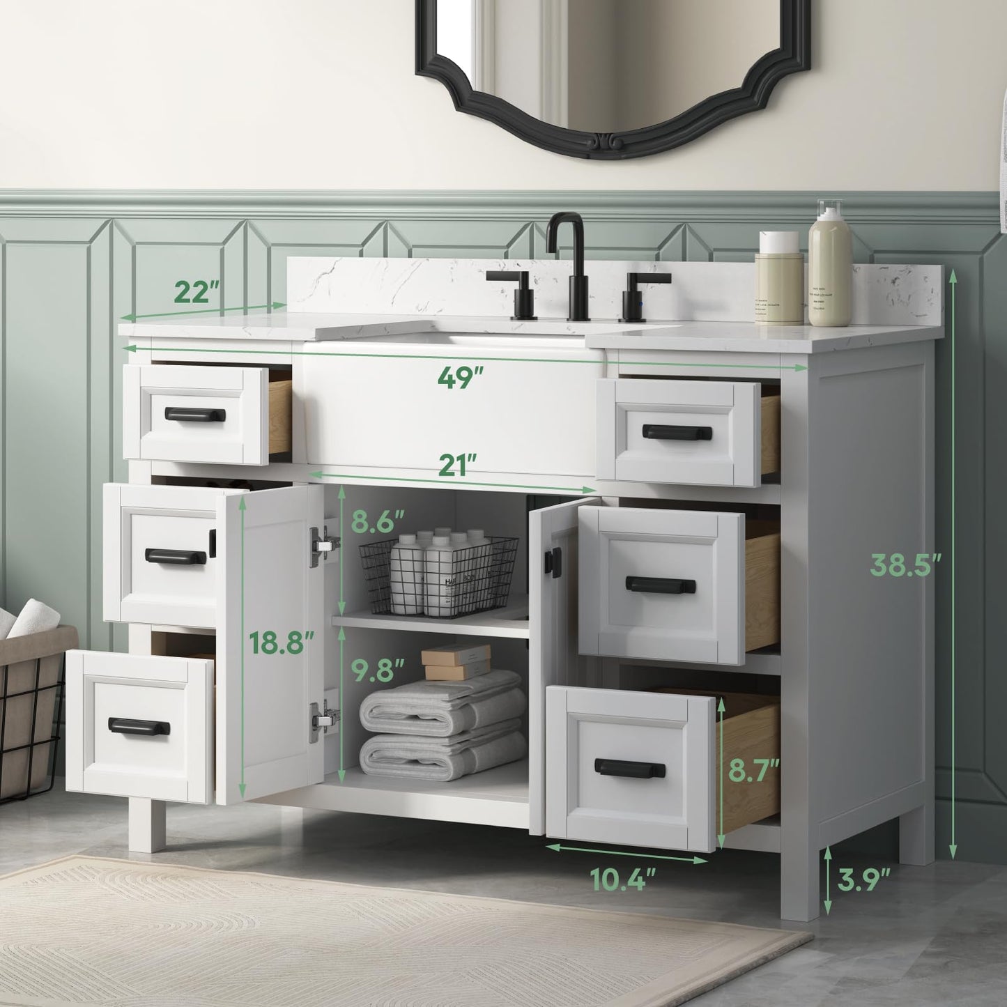 DELUXE LIVING 48 Inch Bathroom Vanity with Apron Farm Sink, White Farmhouse Bathroom Sink Cabinet with Soft Closing Doors & Dovetail Drawers, Single Sink Bathroom Vanity, No Assembly Required