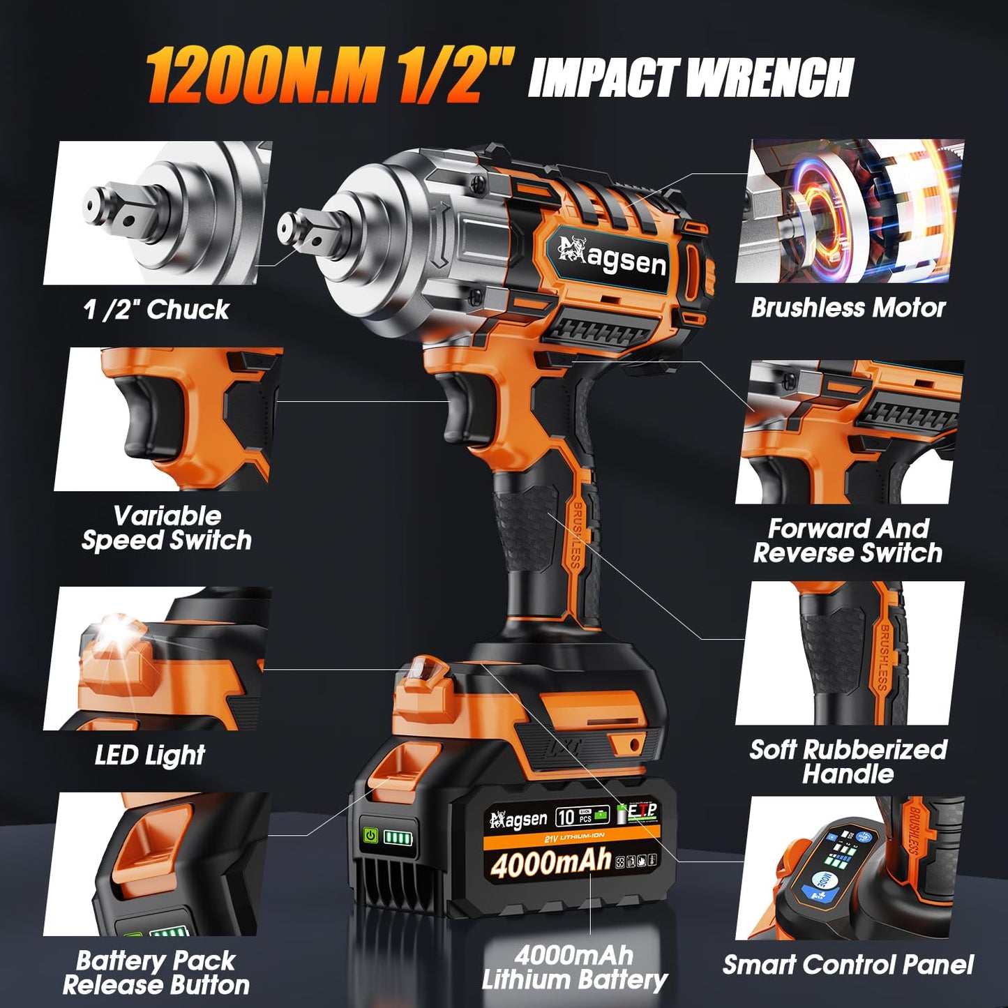 MAGSEN Cordless Impact Wrench 1/2 inch, High Torque 900Ft-lbs (1200N.m) Brushless Impact Gun,3800RPM,2x4.0 Battery, 6 Sockets,LED Work Light,Electric Impact Motor Variable Speeds for Car/Mower/Pickup