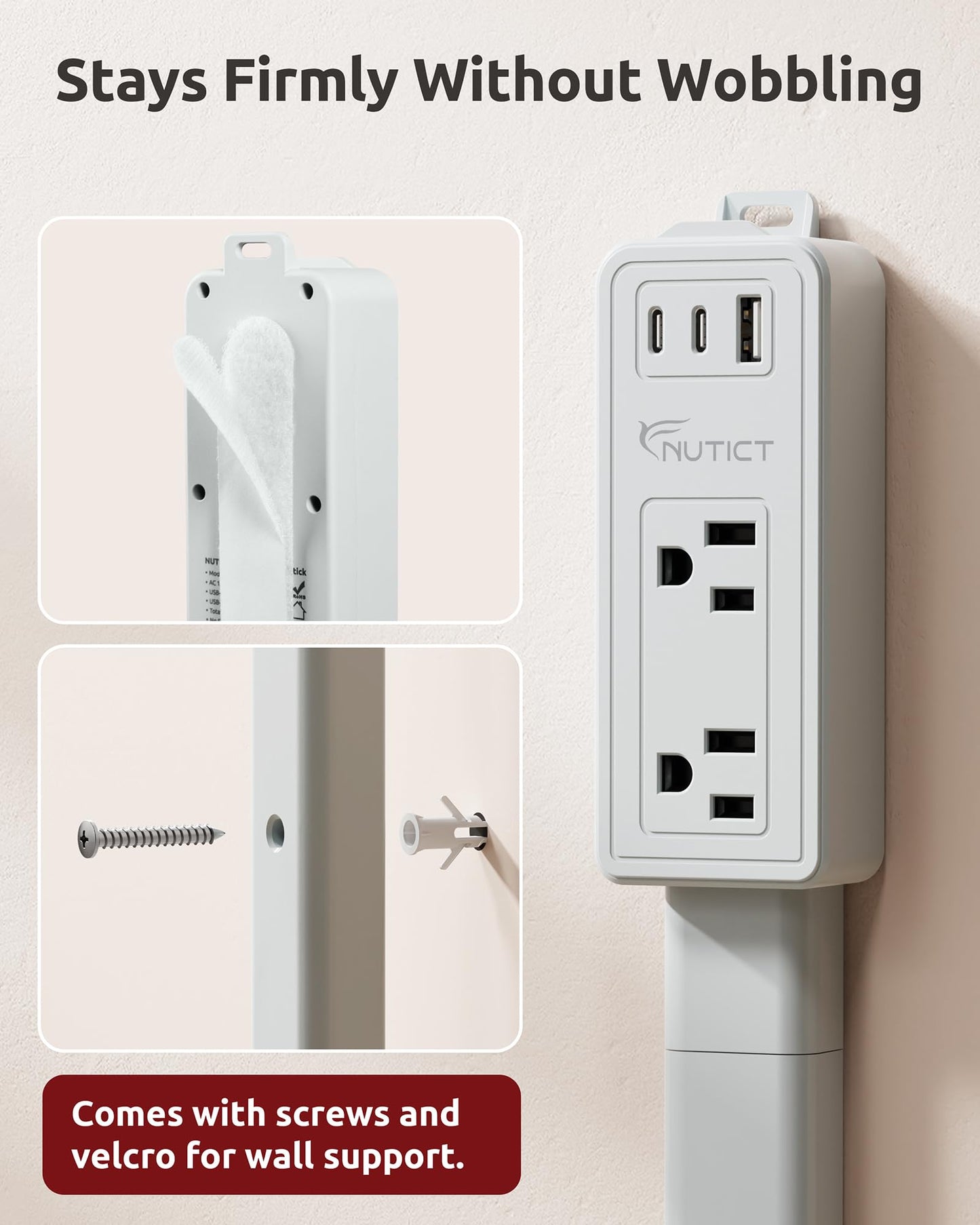 NUTICT Electrical Outlet Extender Stick, 2 AC Outlets & 2 USB-C & 1 USB-A Port, Flexible Extends 6"-34", Hide Behind Couches, Nightstands, Beds, Desks, Grey