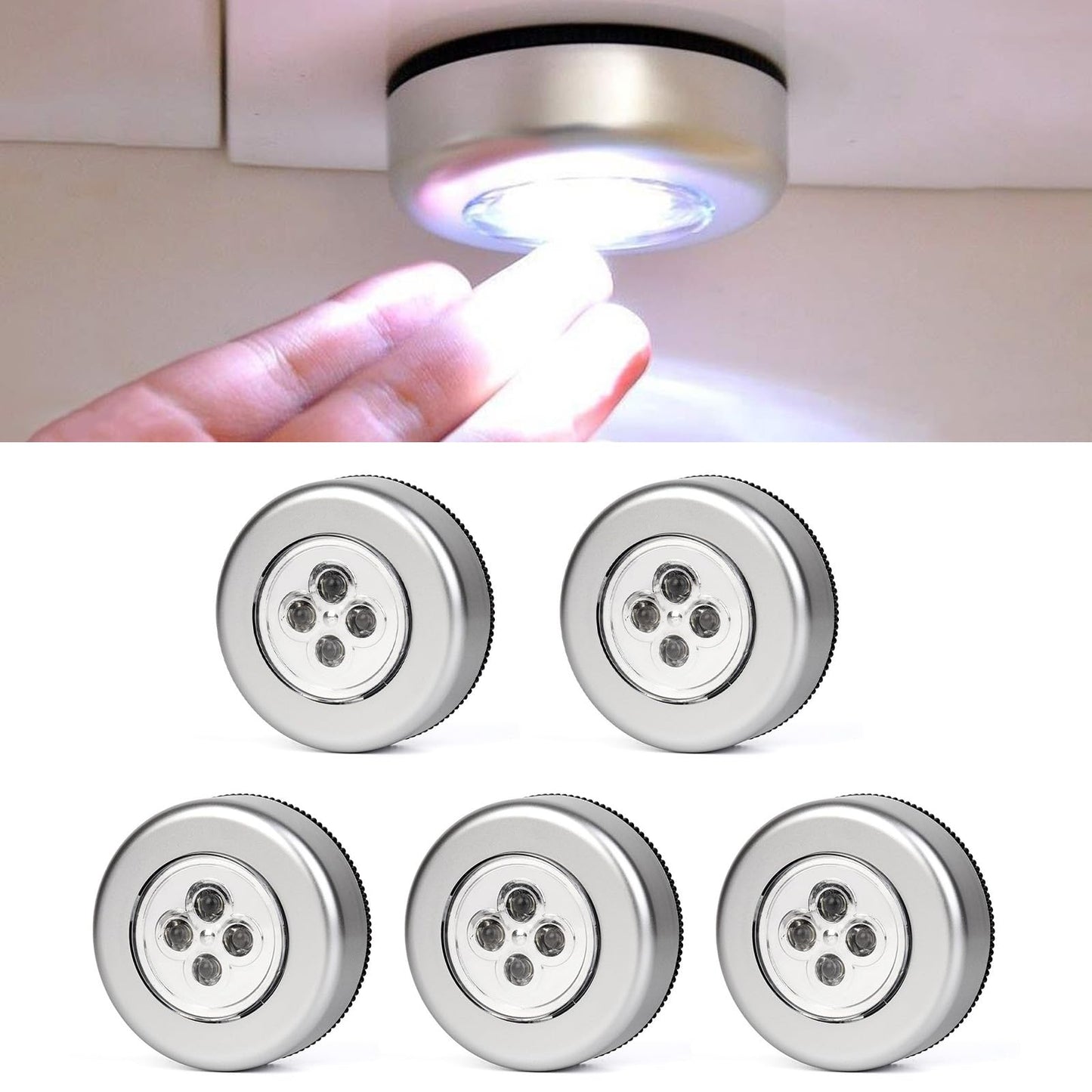 5Packs 4 Beads Tap Push Light, Under Cabinet Lights Touch Button Puck Stick On for Closet Counter Kitchen Cabinet RV(Blister Packs)