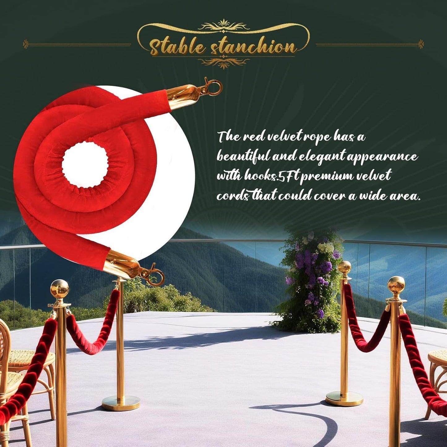 SuiROYI 4 Pcs Gold Stanchions with Velvet Ropes with 3 Pcs 5 Ft Red Velvet Ropes Carpet Ropes Posts Stanchion Set for Crowd Control Barriers for Weddings, Events, Hotels, and Party Decor