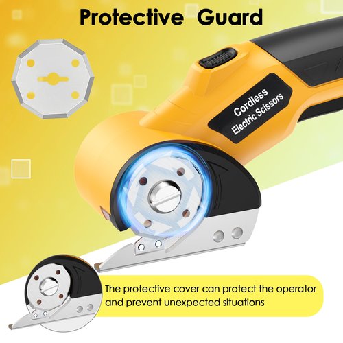 FATNSEAR Cordless Electric Scissors,4V Cardboard Cutter,Rechargeable Rotary Cutter for Cutting Cardboard,Leather,Packages,Plastic,with Safety Lock and Storage Box(Yellow)