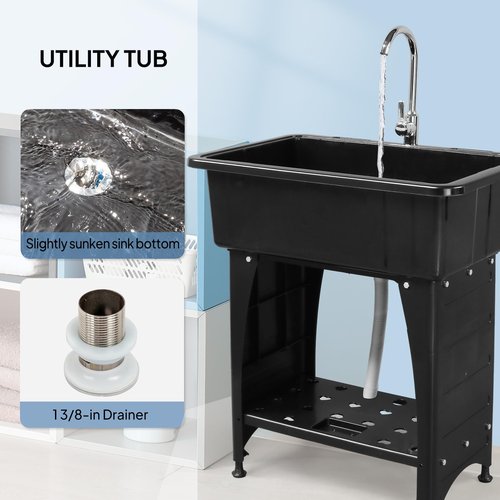 ROVSUN 20-Gallon Black Plastic Utility Sink with Hot & Cold Faucet, 150lbs Load Capacity, Upgraded Height & Version, Use for Laundry Room, Garage, Garden, Basement, 32.3’’L×22.4’’W×36.2’’H