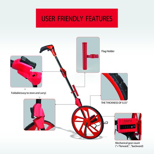 XIJIXI Measure Wheel Distance Measuring Wheel in feet,Collapsible Rolling Measurement Wheel,12.5”Diameter Wheel,With One key to Zero,Upgrade Flag Holder,With 10 Marking Flags(Red）