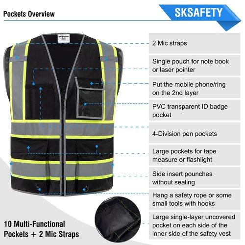 SKSAFETY 10 Pockets Safety Vest, Class 2 High Visibility Security with Zipper, Hi Vis Vest with Reflective Strips, ANSI/ISEA Standard, Construction Work Vest for Men ＆ Women （Black, M）