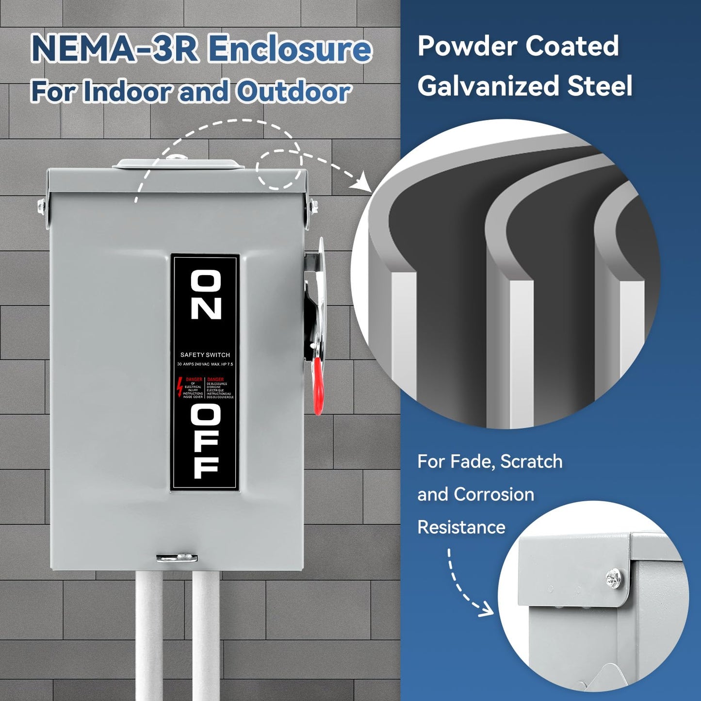 30 Amp Disconnect Box, 2 Pole Fusible Safety Switch, 110/240V, Heavy Duty Metal Structure, Reserved Knout-Outs Design, NEMA 3R Enclosure for Outdoor, 10-Year Warranty, Ideal for Commercial Application