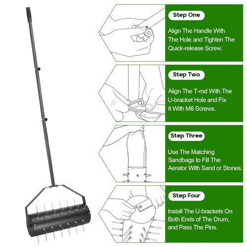 Yosuny 18-inch Rolling Lawn Aerator Tool, 50"-70" Handle Heavy Duty Spike Aerator with Sandbag, 40 Iron Spikes Tighten with Patience, Manual Rolling Aerator Lawn for Yard Garden