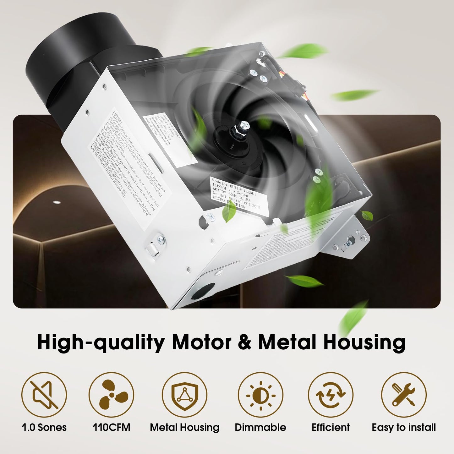 FEITON Bathroom Exhaust Fan with Light (3000K/4000K/5000K), Ceiling Mount, 110 CFM 1.0 Sones, Quiet Square Bath Fan Light Combo(Metal housing, 4 Inch Duct, Ceiling Opening Size: 7.6 x 7.3 Inches)