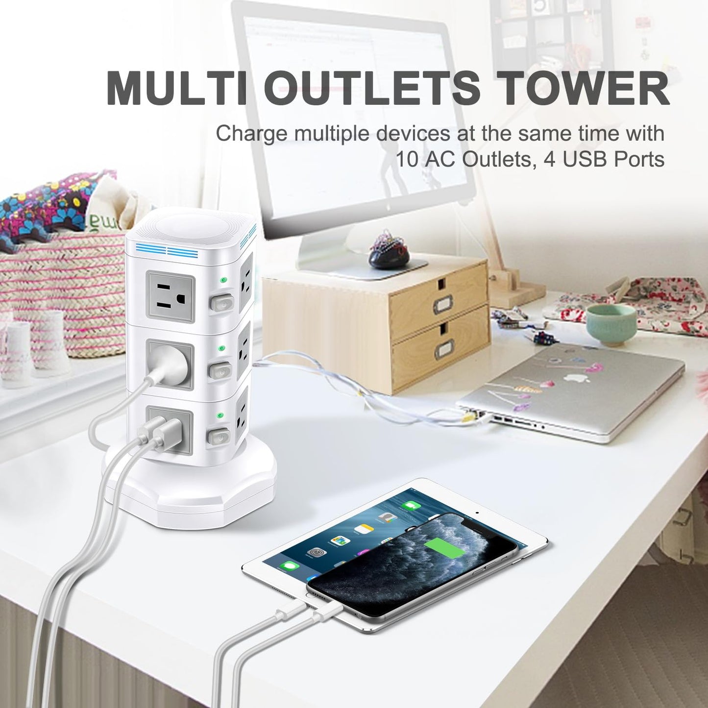 Power Strips Surge Protector 1800J, ODOM Power Strip Tower with 15W Wireless Charger, 13A,4 USB Ports + 10 AC Outlets + 6 Ft Retractable Extension Cord,Plug Outlet Charging Tower for Home Office