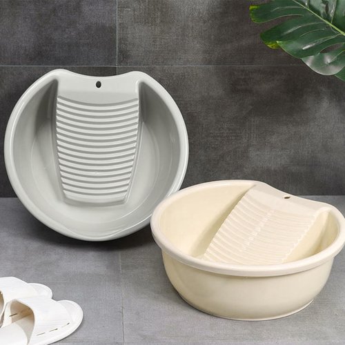 Washboard 𝘽𝙖𝙨𝙞𝙣 for Hand Washing Clothes, Plastic Washtub with Built-in Washboard, Non-Slip Design for Delicate Laundry, Ideal for Home, Dorm, Camping & Travel Use (Grey)