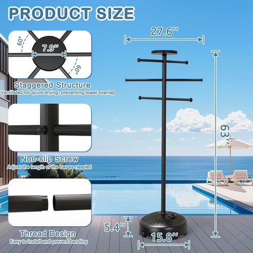 SkylarkJoy 63 Inch Pool Towel Rack with Wheels for Indoor Outdoor Use, Towel Holder with Storage Tray, 6 Adjustable Bars Hot Tub Accessories, Free Standing Towel Rack for Pool, Spa, Hot Tub