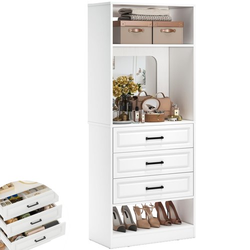 Unikito 25”Freestanding Closet System with 3 Drawers, Closets Organizer Wardrobe with Storage Shelves and Mirror, Sturdy Wood Walk-in Closet Systems for Small Closets, 25" W x 16" D x 80" H, White